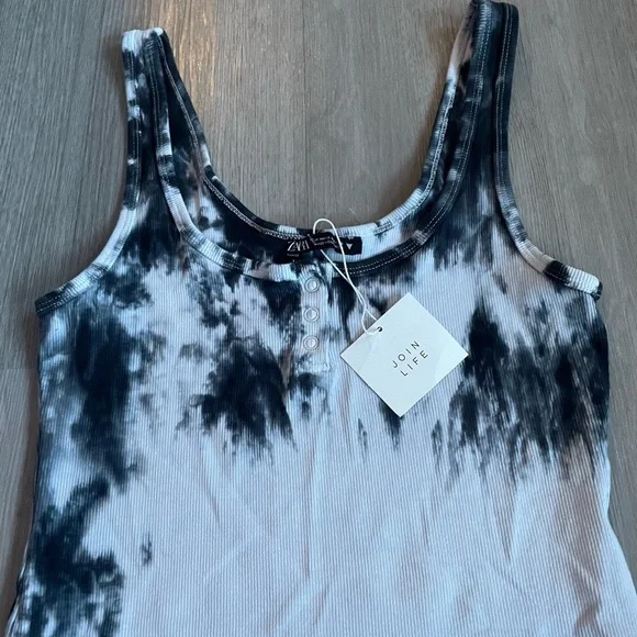 Zara Tie Dye Black and White Bodycon Henley Tank Dress size M - Picture 3 of 5